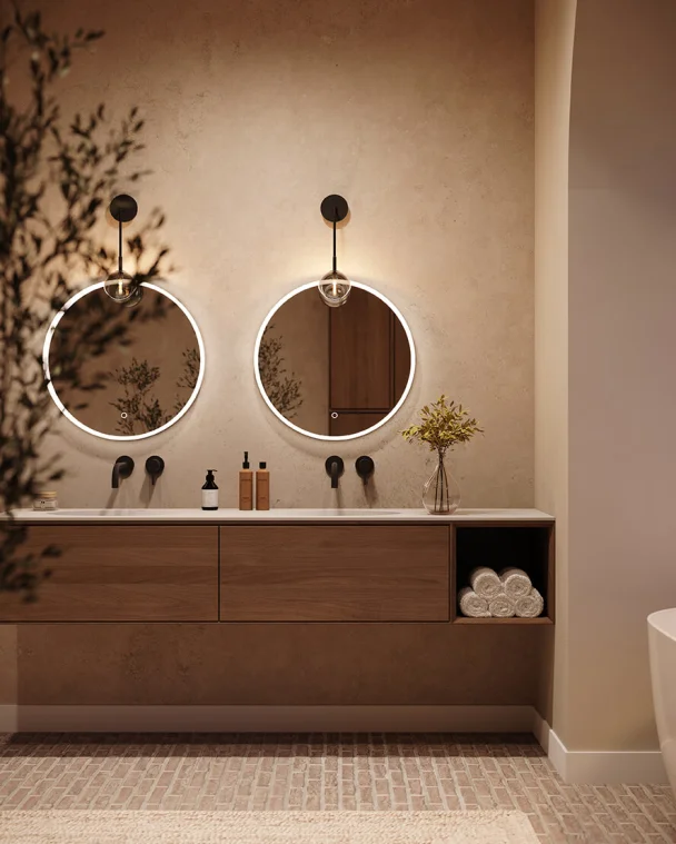 Natuurlijke tegelkleuren en houtlook tegels voor een Japandi badkamer bij Meester Smeets